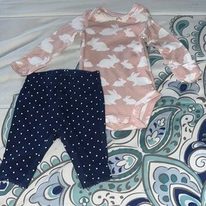2 piece set, onesie with white bunnys and blue Polkadot pants.